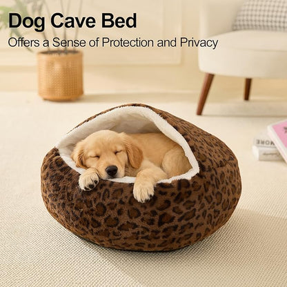 Calming Dog Beds & Cat Cave Bed with Hooded Cover,Removable Washable Round Beds for Small Medium Pets,Anti-Slip Faux Fur Fluffy Coved Bed for Improved Sleep,Fits up to 15/25 lbs(Leopard Print,M)