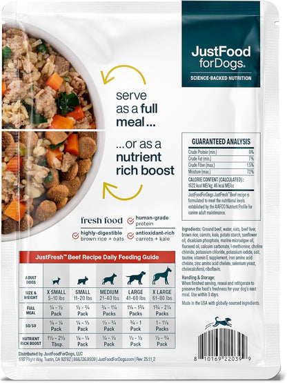JustFoodForDogs JustFresh Wet Dog Food, Fresh Pet Meals and Toppers with No Preservatives, Resealable Package, Human Grade, Home-Cooked Beef, 12 oz - 7 Pack