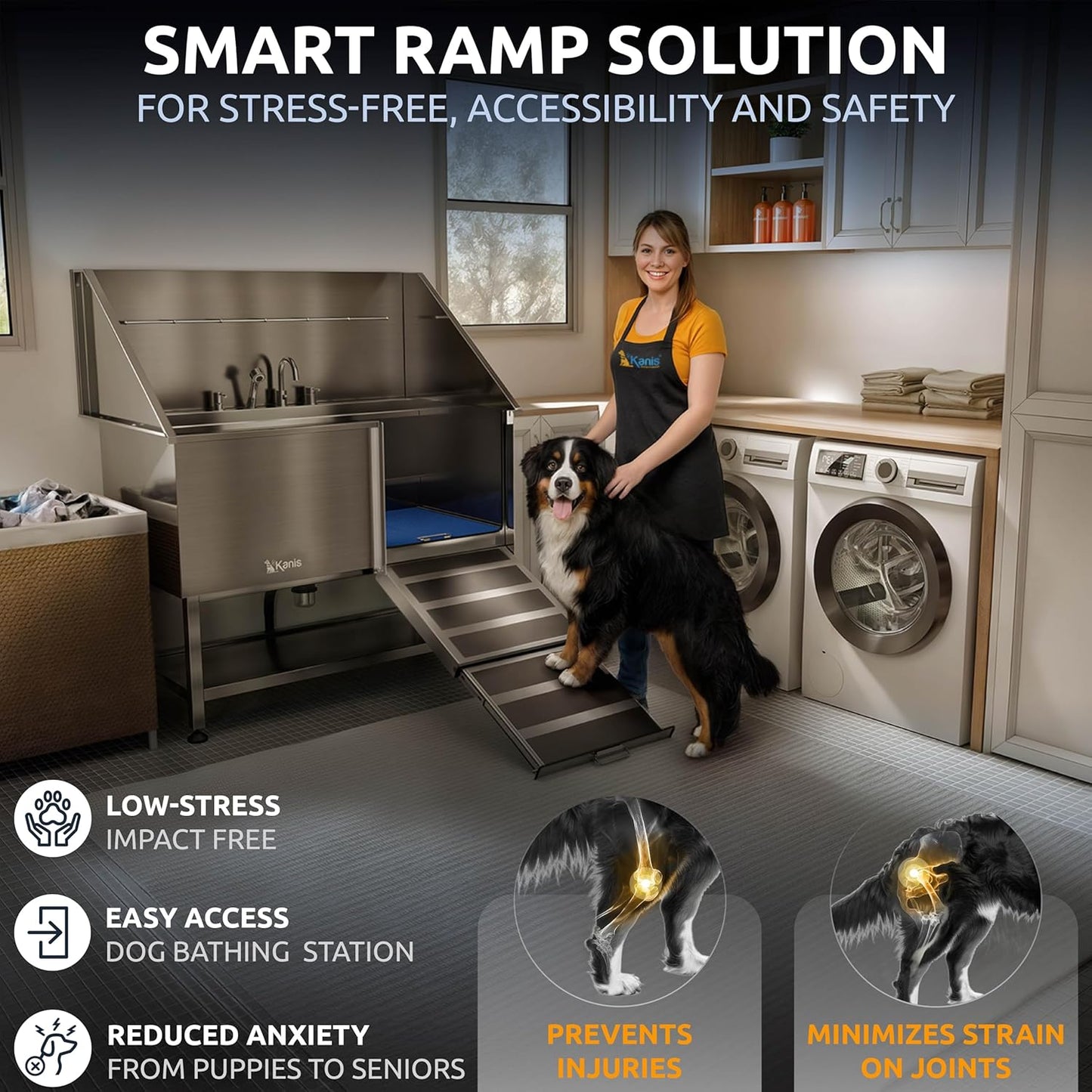 KANIS Professional Dog Washing Station - 304 Stainless Steel Pet Wash Sink & Grooming Bathtub w/Shower, Floor Grates and Storage for Large, Medium & Small Pets (50", Shelf - Right Ramp)