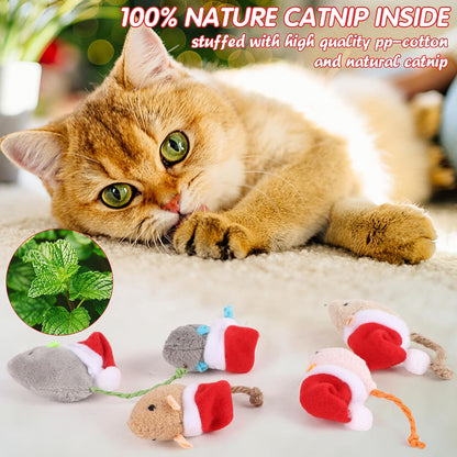 FOIMAS 6pcs Christmas Catnip Toys,Xmas Cat Toys Plush Mouse Interactive Chew Bite Toys for Cat Kitten Indoor