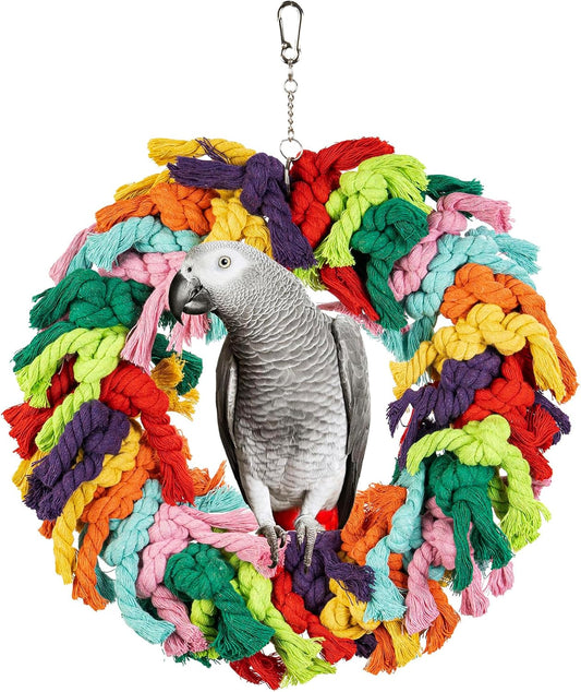 Parrot Swing for Large Birds - Colorful Cotton Rope Hanging Ring Toy for African Grey, Cockatoo, Conure, and Parakeet | Chewing, Exercise, Climbing, and Snuggling