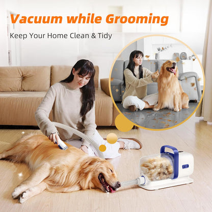 Dog Grooming Kit with Vacuum, All-in-One Pet Grooming Vacuum for Dogs and Cats, Low Noise Pet Hair Clipper & Shedding Brush, Dog Hair Remover, Cat Pet Groomer Set with Cleaning Brushes, White