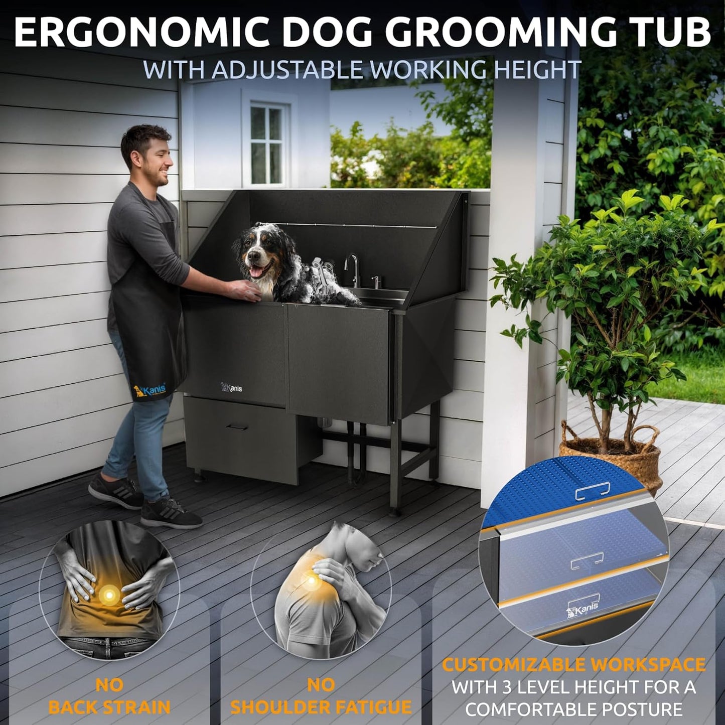 KANIS Black Line Professional Dog Washing Station - 304 Stainless Steel Pet Wash Sink & Grooming Bathtub w/Shower, Floor Grates and Storage for Large, Medium & Small Pets (50", 1 Drawer - Right Ramp)