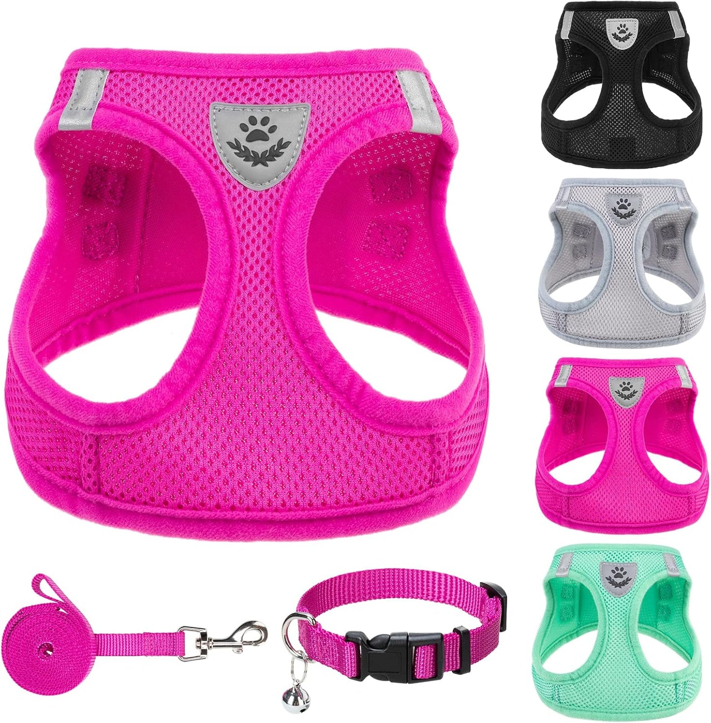 PUPTECK Adjustable Dog Harness Collar and Leash Set Step in No Pull Pet Harness for Small Medium Dogs Puppy and Cats Outdoor Walking Running, Soft Mesh Padded Reflective Vest Harnesses, Solid Pink M