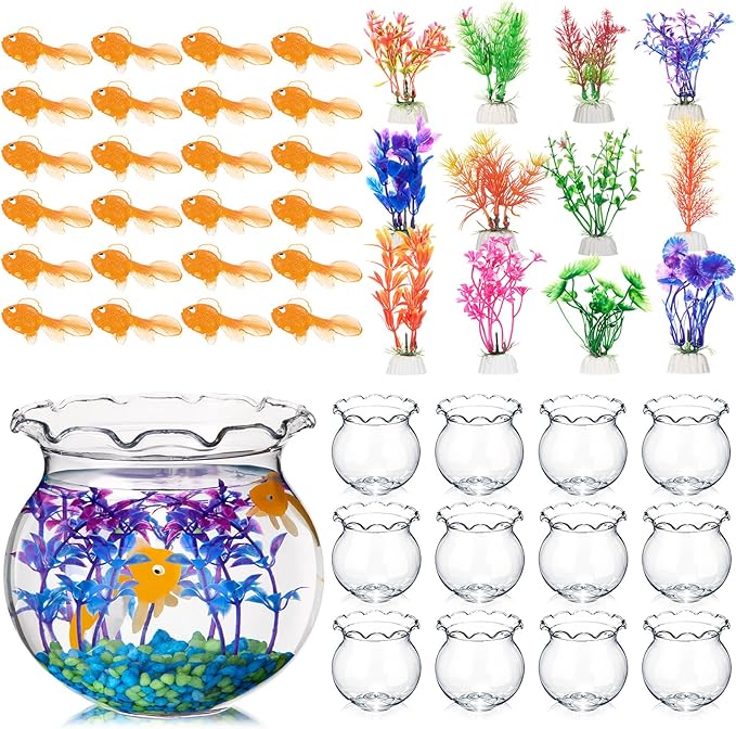 Jexine 12 Pack Plastic Fish Bowl 48 Pcs Floating Fake Goldfish 12 Pcs Artificial Aquatic Plant 2.65 Pound Tank Rock for Aquarium Tank Party Table Centerpiece Decoration Accessories (Blue Stone)