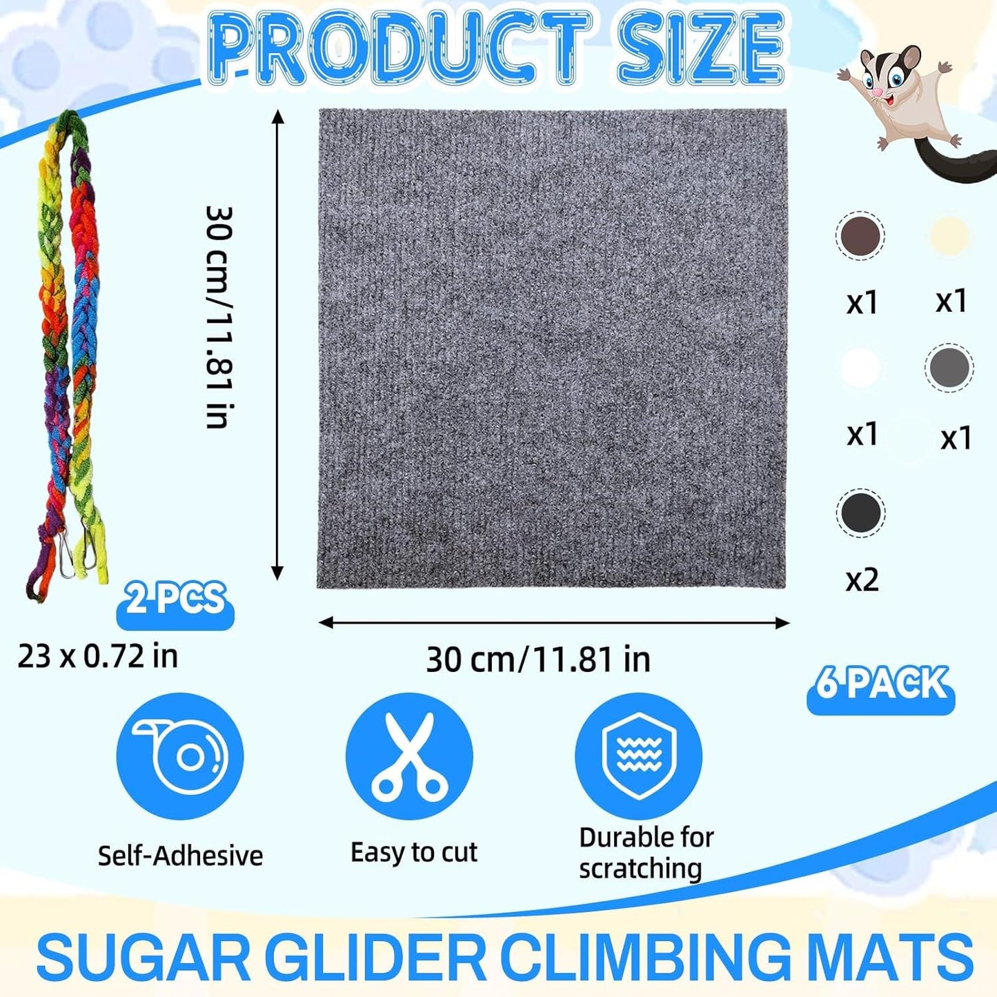 Sugar Glider Toys,6 Pcs Sugar Glider Climbing Mats,Sugar Glider Sharpening Claws Mats with Climbing Ropes Cage Accessories,Cuttable Self-Adhesive Small Animals Pets Scratching Pads Enrichment Toys for
