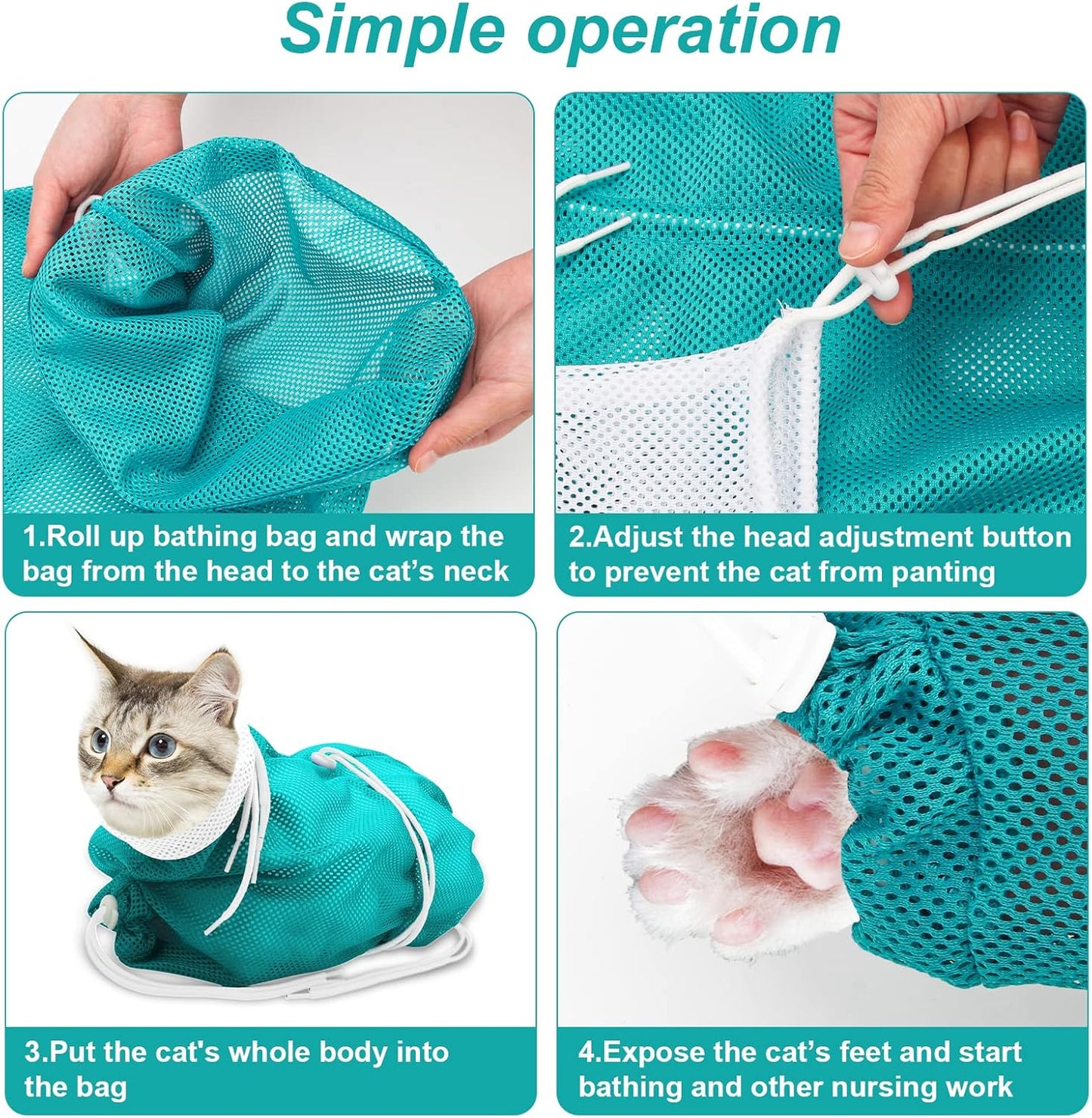 Breathable Mesh Shower Bag - Anti Scratch Adjustable Grooming for Nail Trimming, Bathing - Polyester Soft Cat Washing (White-Green)