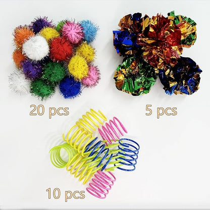 Cat Toys for Indoor,35 Pack Interactive Cat Toy Pack Including Crinkle Balls,Sparkle Balls,Spiral Springs for Most Cats,Interactive Toys for Cats Ball Toys Products Kitten Toys Random Color