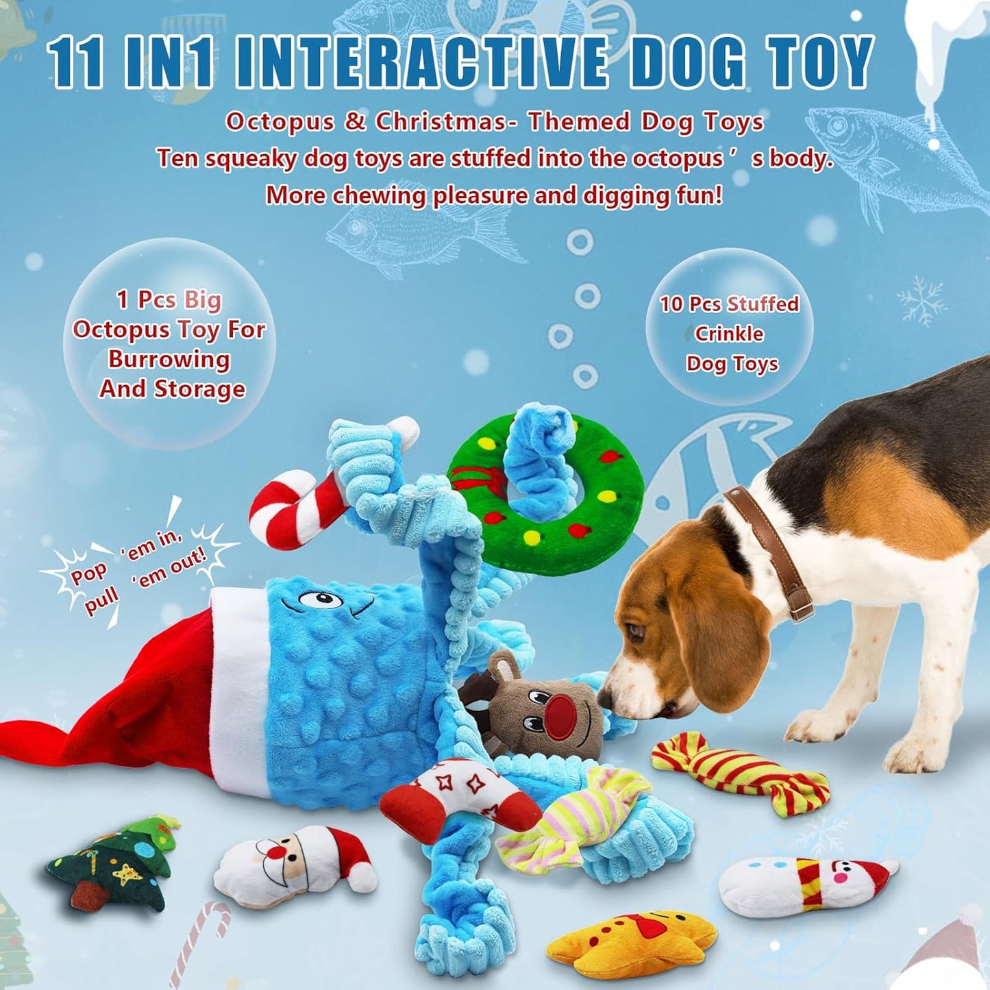 Squeaky Dog Toys, Christmas Octopus Dog Toy with 10 Pcs Small Dog Toy, Interactive Tug of War Dog Plush Toy, Crinkle Dog Toy Plush Dog Toys (Blue)