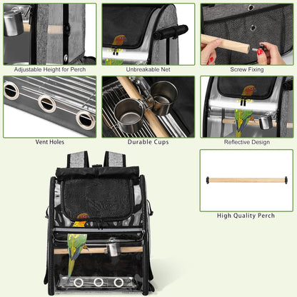 Sanmoncare Bird Carrier Backpack with Stainless Steel Mesh, Parrot Travel Cage with Stand, Easy to Clean, Portable Conures Travel Bag, Pet Breathable Travel Cage