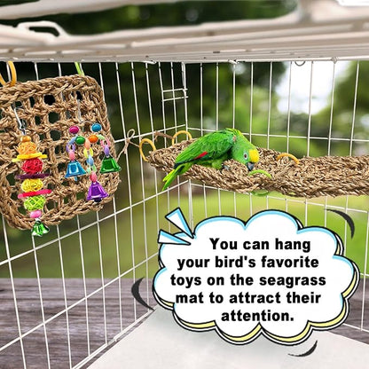 Tfwadmx Large Bird Seagrass Hammock, 3Pcs 7x11.8in Seagrass Mat for Birds, Hanging Parrot Toys, Counre House Hut Hideout for Parakeets, Lovebirds, Budgies, Cockatiels