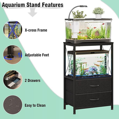 Aquarium Stand 10 Gallon with 2-Tier Shelf, Fish Tanks Stand with 2 Drawers, Metal Frame Heavy Duty Reptile/Turtle Tank Stand for Home Office, Fish Tanks Accessories Storage, Black