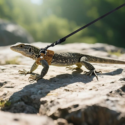 AIITLE 3 Pack Adjustable Bearded Dragon Harness and Leash Set - Leopard Print, Comfort Soft Leather Vest for Lizards, Iguanas, Guinea Pigs, Outdoor Walking & Camping, Brown