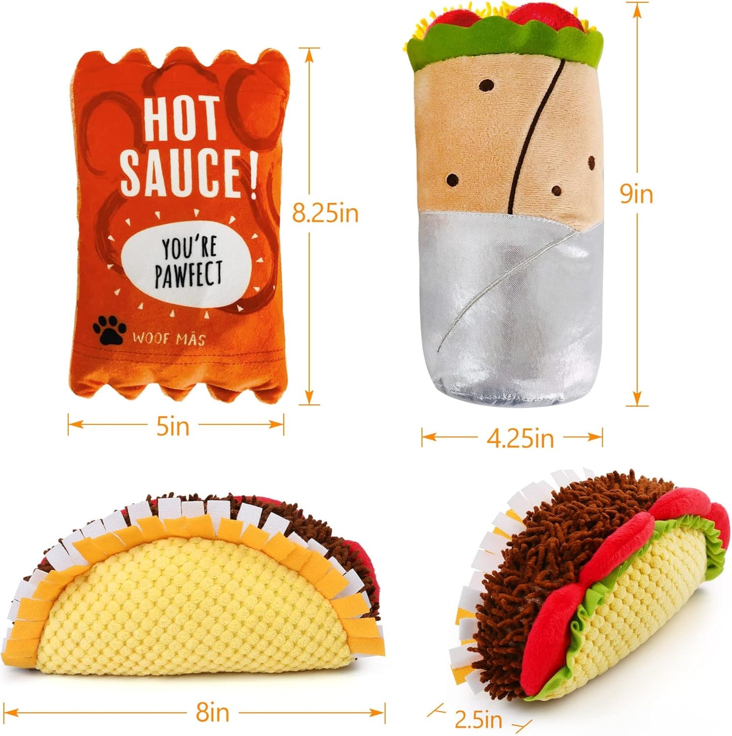 Prime Pets Plush Dog Toys Set, 3 Pack, Crinkle Squeaky Dog Toys, Food Shaped Pet Toy for Small Medium Large Dogs, Stuffed Puppy Chew Toy