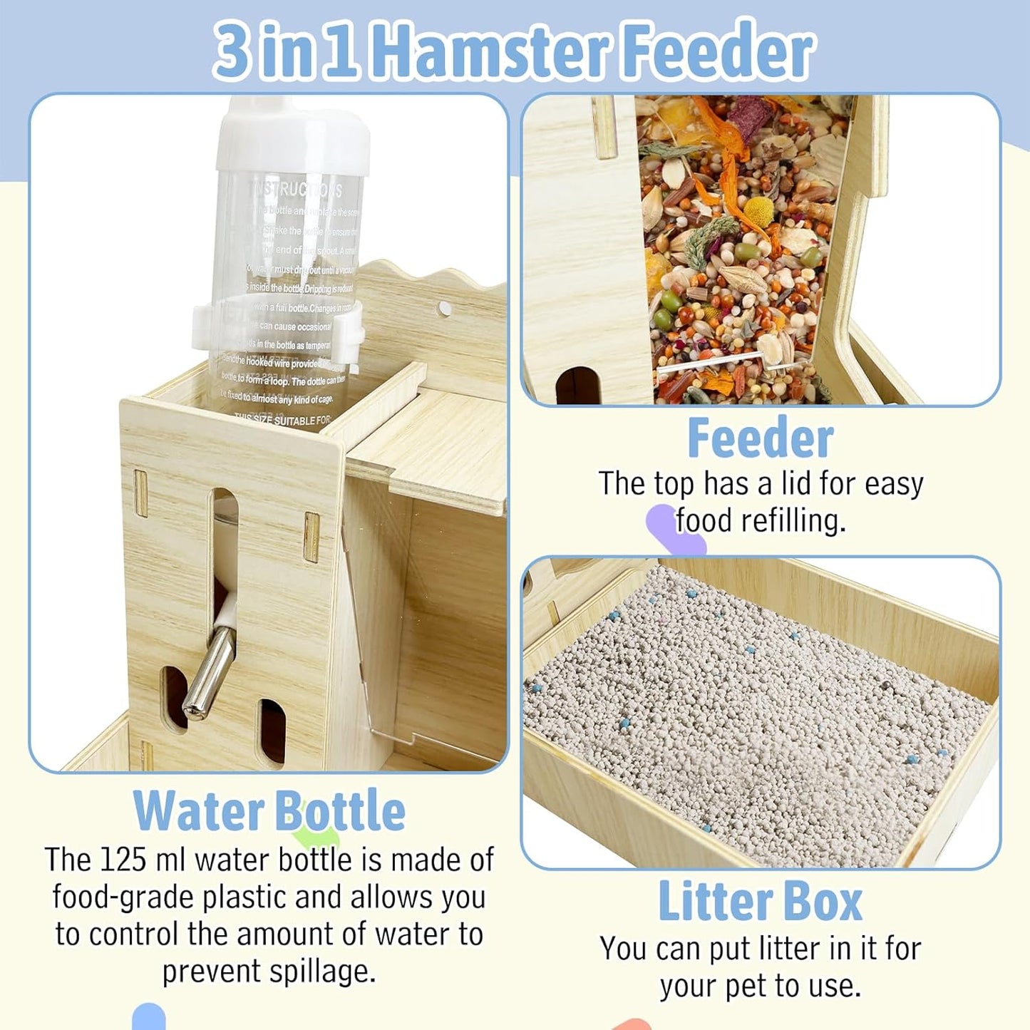 Hamiledyi 3 in 1 Wooden Hamster Feeder Dispenser Hanging Dwarf Hamster Food Bowl & Water Bottle with Removable Litter Box Small Animal Feeder for Hamsters Mouse Gerbil (11" x 5.7" x 7.5")