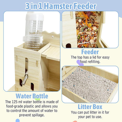 Hamiledyi 3 in 1 Wooden Hamster Feeder Dispenser Hanging Dwarf Hamster Food Bowl & Water Bottle with Removable Litter Box Small Animal Feeder for Hamsters Mouse Gerbil (11" x 5.7" x 7.5")