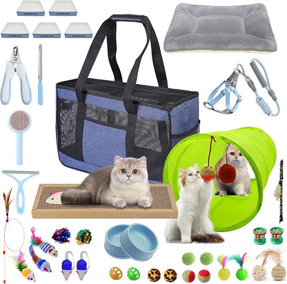 39PCS Kitten Starter Kit, Ideal for Cats Under 6 Months, Cat Supplies, Featuring 23-Piece Toy Set, Bed, Carrier, Single-use Litter Box, Bowls & More, Perfect for New Cat Owners - Blue