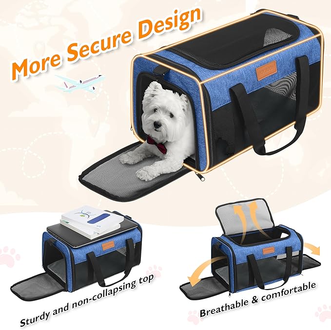 PETUX TSA Approved Pet Carrier in Cabin, 17"x11"x9.5" Soft Cat Carriers for Small Cat up to 12 lb, Top-Open Portable and Breathable Pet Carrier Airline Approved for Travel and Vet Visit, Blue