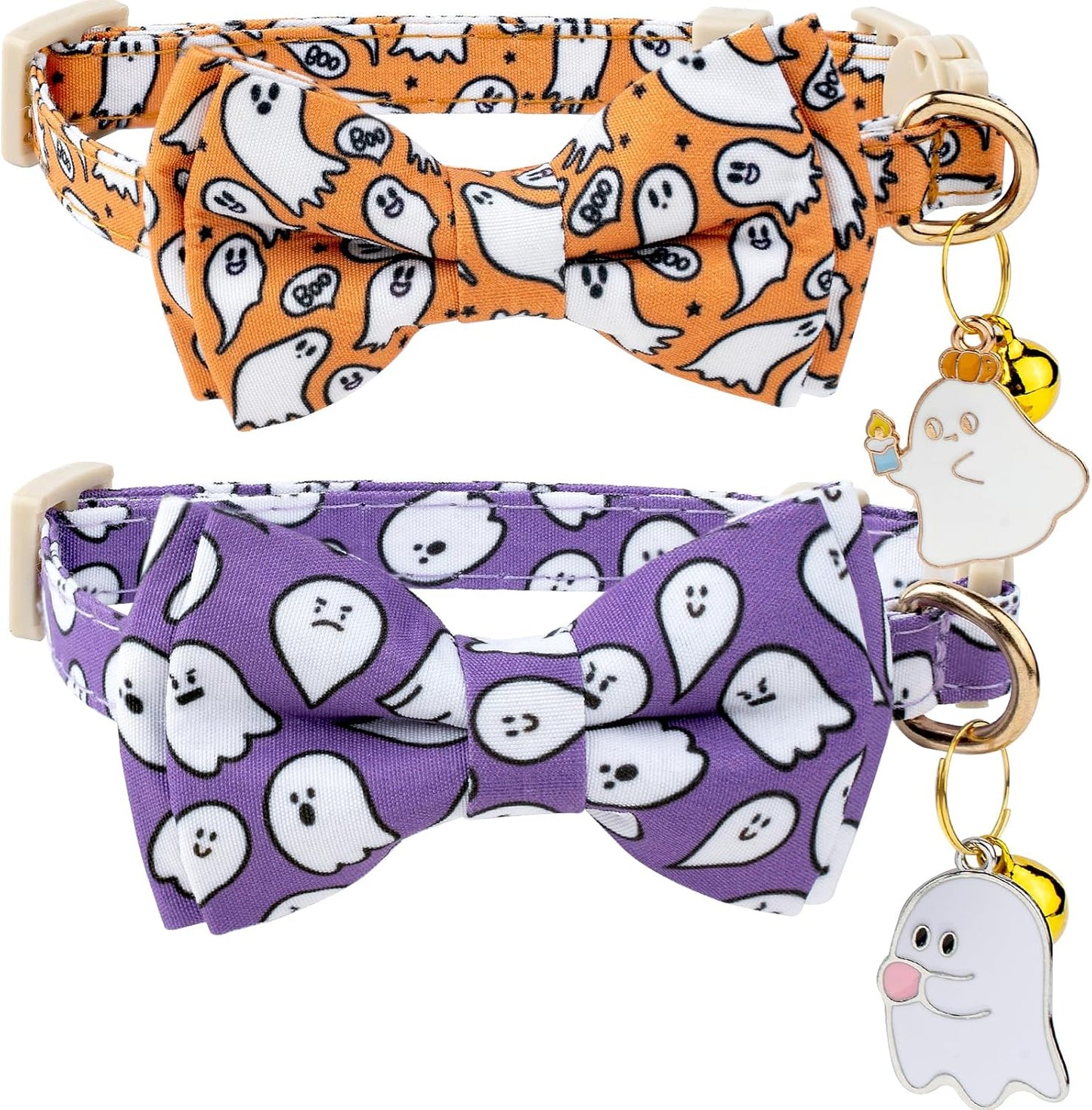 Faygarsle 2 Pack Halloween Cat Collar with Bowtie and Bell, Breakaway Safety Buckle, Ghost Pattern, Orange and Light Purple