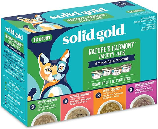 Solid Gold Wet Cat Food Variety Pack Shreds in Gravy - Healthy Canned Cat Food Made w/Real Chicken & Protein Shreds, Vitamins - Grain Free & Gluten Free Canned Meals for Cats & Kittens - 24ct/3oz Can
