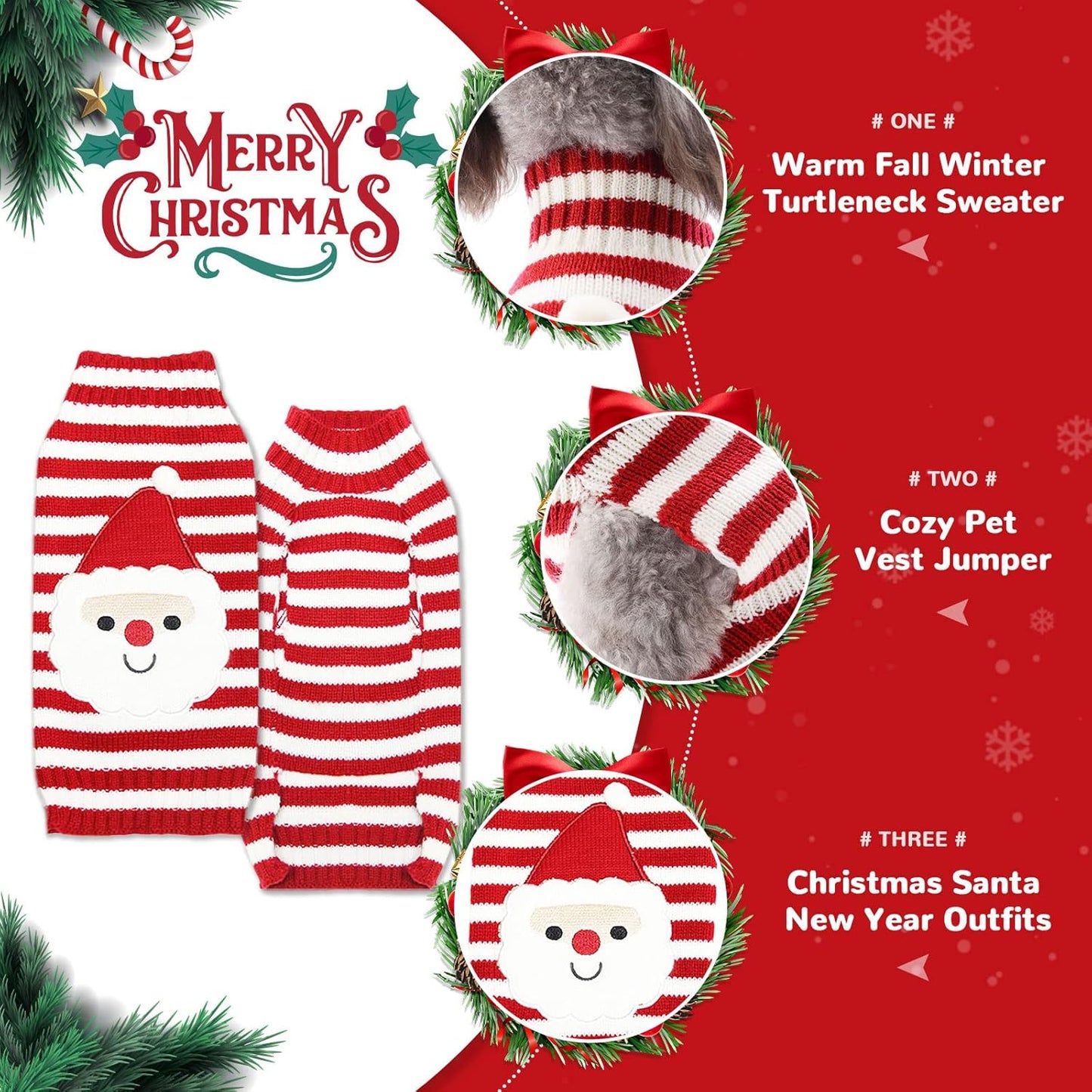 PETCARE Santa Dog Sweater Christmas Funny Cute Red Striped Cat Sweater Vest Pet Holiday Dog Clothes Puppy Sweaters for Small Medium Large Dogs Cats Fall Winter Outfits Xmas Dogs Costume,X-Small