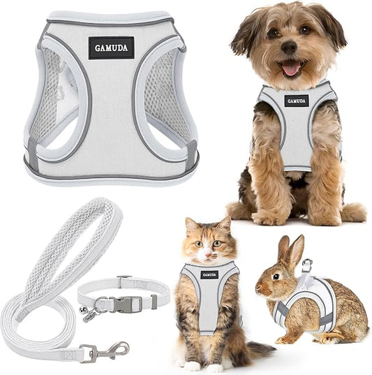 GAMUDA Small Pet Harness Collar and Leash Set, Step in No Chock No Pull Linen Fabric Soft Mesh Dog Vest Harnesses Reflective for Dogs Puppy Cats Kitten Rabbit (White, S)