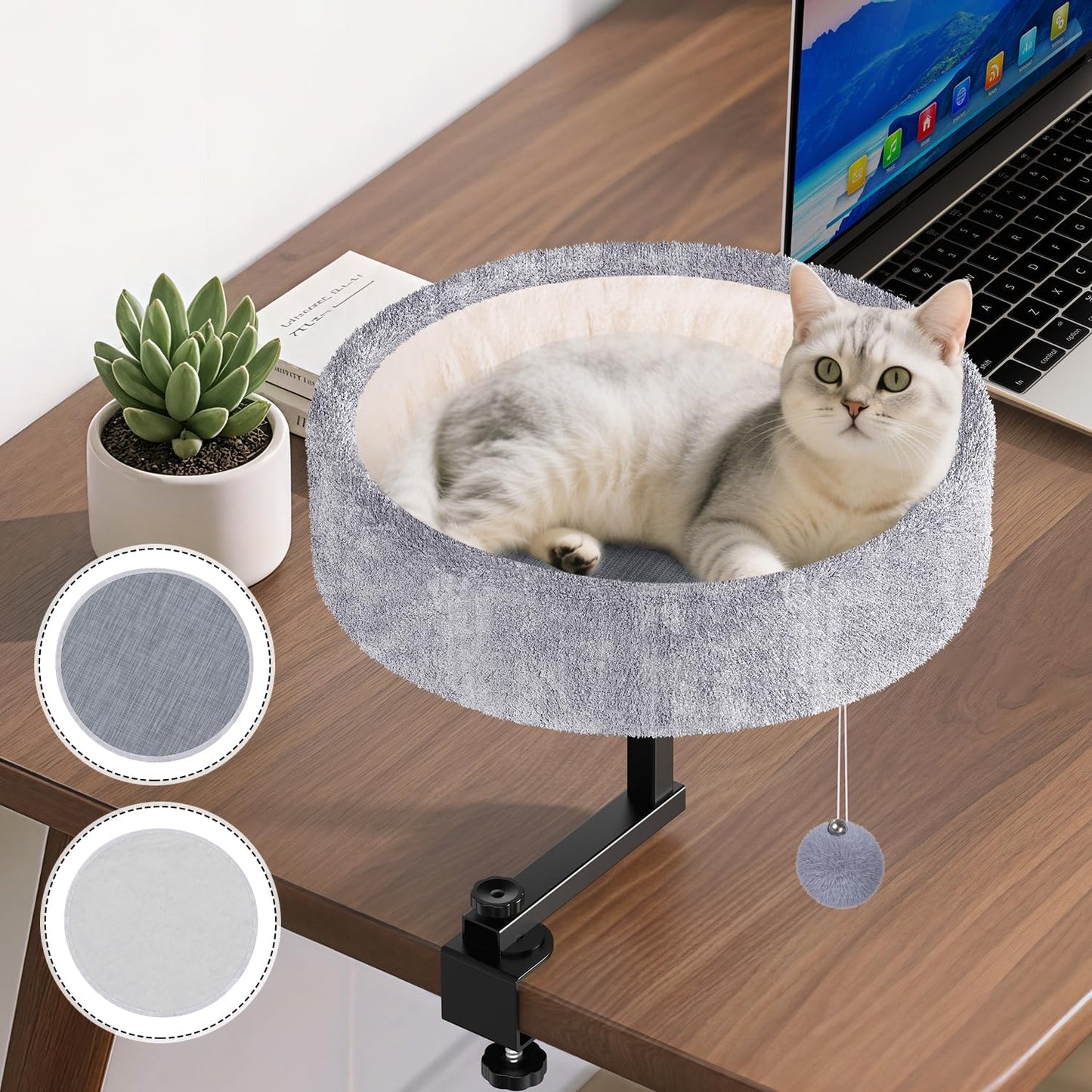 Cat Desk Bed - 360° Rotating & Adjustable, Supports 44 lbs, Soft Faux Fur with Dual-Sided Reversible Mat, Modern Indoor Cat Nest Furniture for Office Desks and Game Tables, Island Table