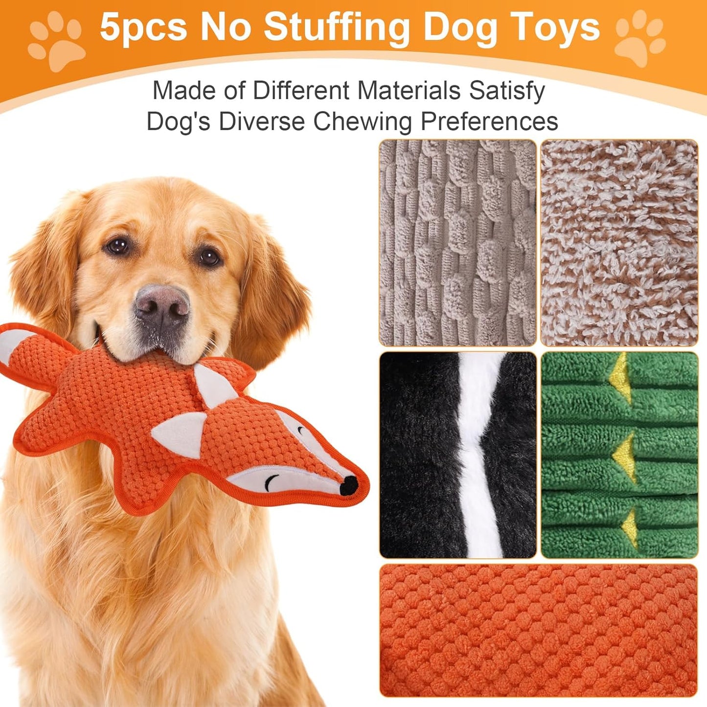 5 Pack No Stuffing Squeaky Dog Toys for Large Dogs - Interactive Durable Plush Chew Toy with Crinkle Paper, Safe Pet Toy for Small to Large Breed, Ideal for Puppy Gifts & Tug of War Toys