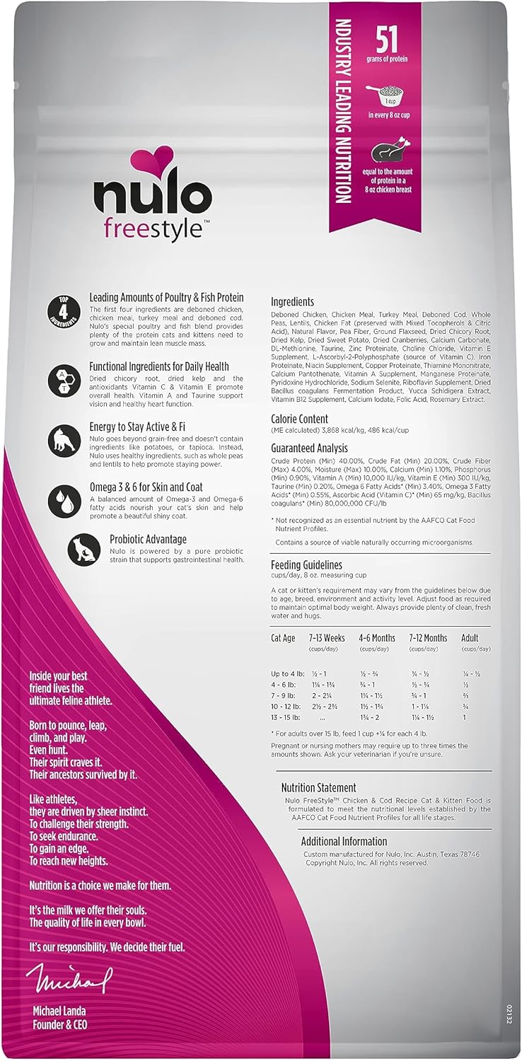 Nulo Freestyle High Protein Cat & Kitten Food, Chicken & Cod Recipe - Natural Grain-Free Dry Cat Food with Omega Fatty Acids & Probiotics, 2 lb Bag