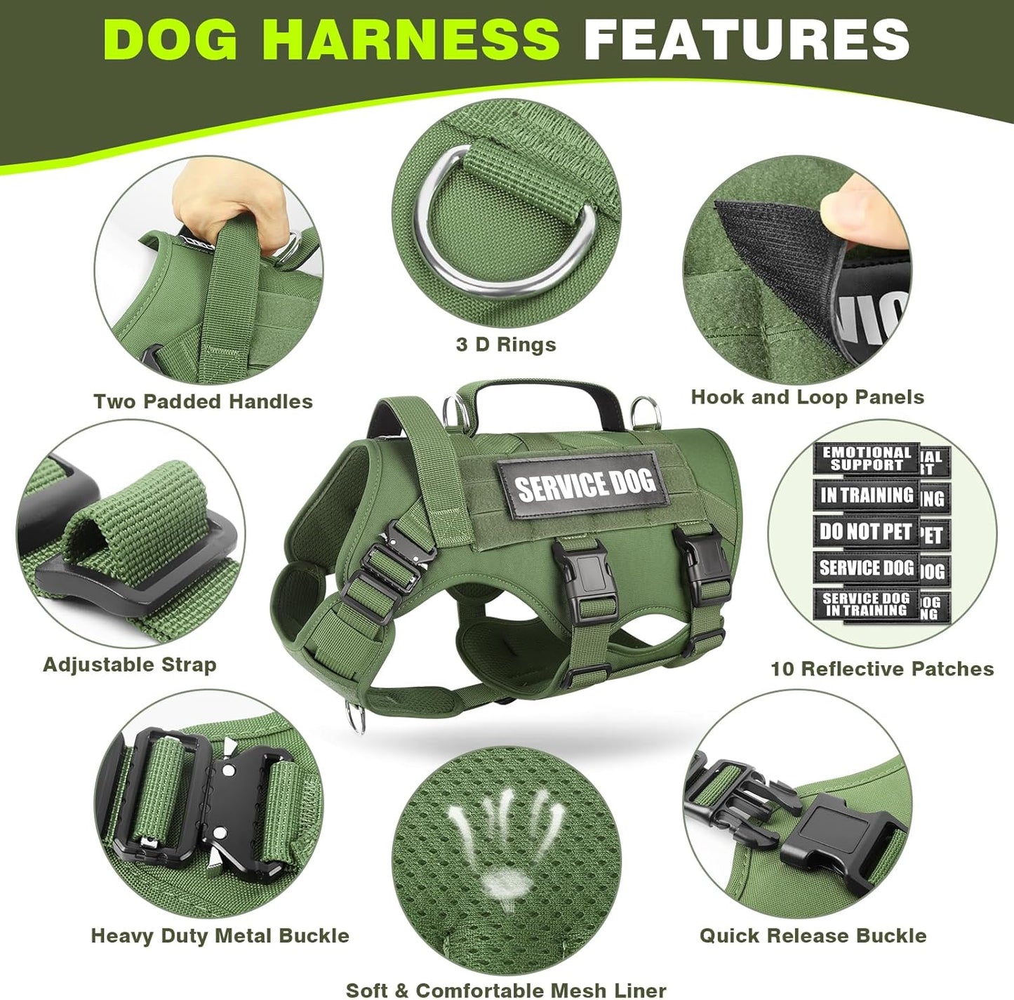 WINSEE Tactical Dog Harness with Dog Leash, Service Working MOLLE Vest with 10 Pet Patches for Dog, No Pull Military Harness and Backpack for Training Hunting Walking