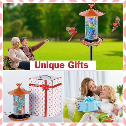 XDW-GIFTS Mosaic Solar Wild Bird Feeder with Pole Kit, Waterproof Lantern Design with Adjustable Heavy-Duty Bird Feeder Post for Outside, Garden- Unique Gifts for Mom,Women, Grandma,Bird Lovers
