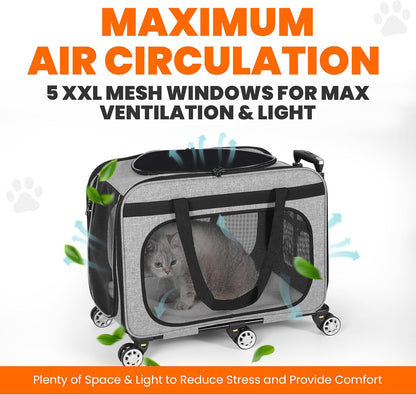 XL Cat & Small Dog Carrier | 25" L x 16" W x 17" H - up to 40 lbs - NOT TSA Compliant - Small Dogs or Large Cat Carrier with Wheels - Extending Handle, 360° Rotation Wheels & Extra Ventilation