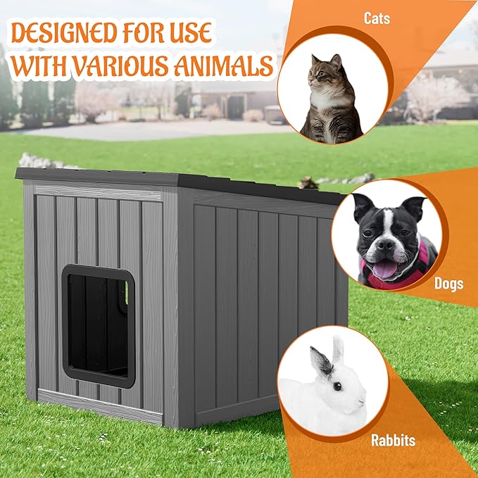 KAMABOKO Outdoor Cat House, Outside Multiple Kitty Feral Cat Houses, Weatherproof Shelter for Ferrel Cats and Dogs, Durable PP Material, Sloping Roof (Gray & Black)