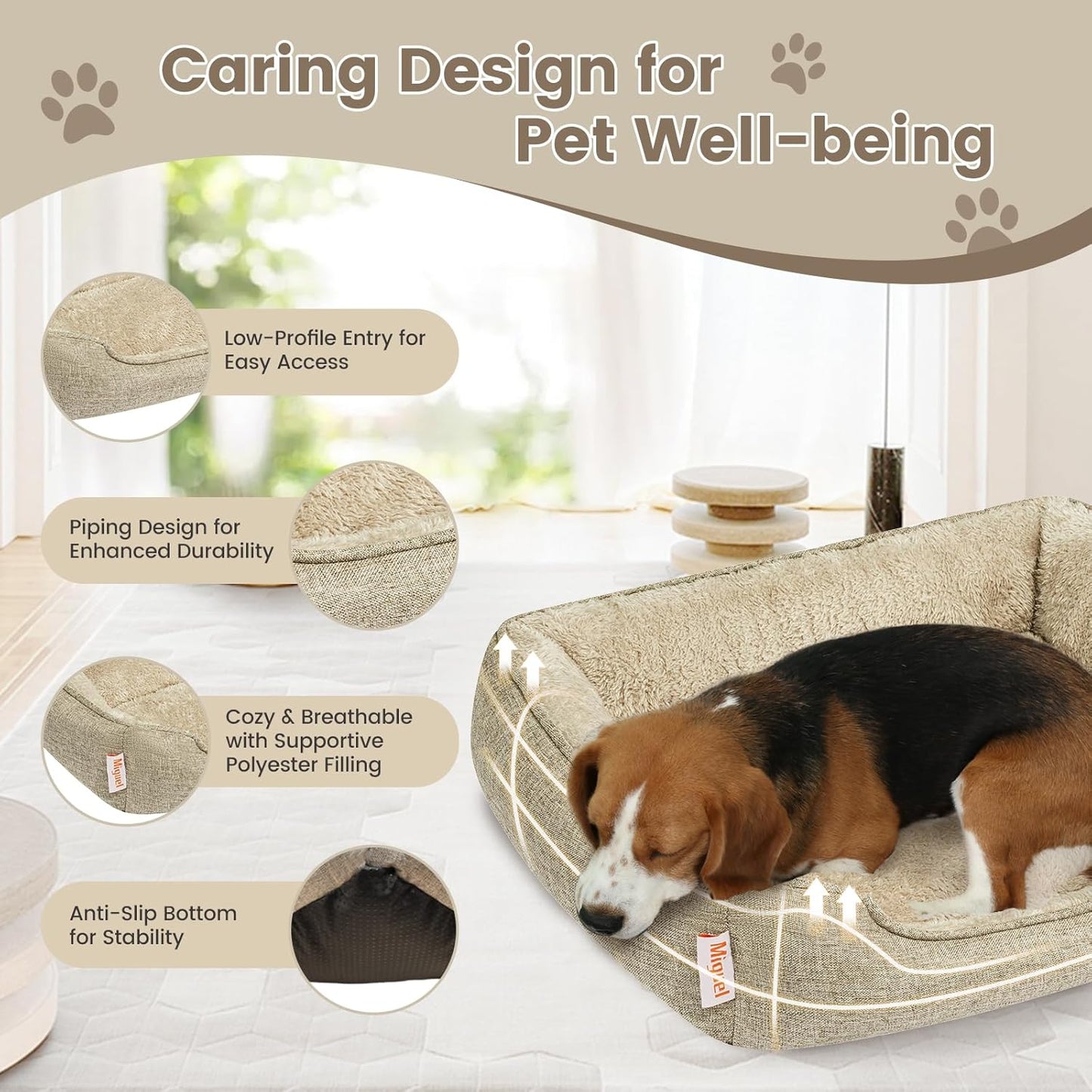 Miguel Faux Linen Dog Bed with Removable Cushion Pillow for Medium Small Dogs, Washable Pet Bed with Side Easy to Wash Puppy Bed, Rectangle Cat Bed for Indoor Cat with Anti-Slip Bottom, Beige 25 Inch