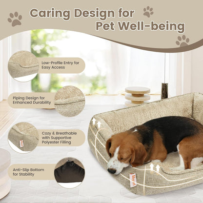 Miguel Faux Linen Dog Bed with Removable Cushion Pillow for Medium Small Dogs, Washable Pet Bed with Side Easy to Wash Puppy Bed, Rectangle Cat Bed for Indoor Cat with Anti-Slip Bottom, Beige 25 Inch