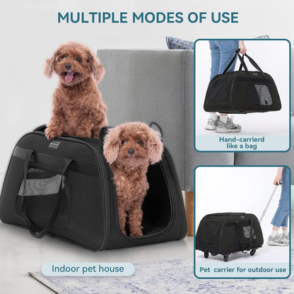 PETSFIT Extra Large Pet Carrier with Wheels- Rolling Dog Carrier for 2 Small Dogs, Large Cat Carrier on Wheels with Adjustable Safety Rope & Waterproof Bottom (𝑵𝒐𝒕 𝑨𝒊𝒓𝒍𝒊𝒏𝒆 𝑨𝒑𝒑𝒓𝒐𝒗𝒆𝒅)