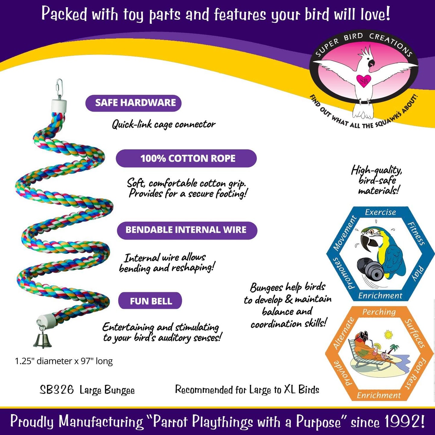 Super Bird Creations - SB326 Large to XL Bungee Bird Toy - Rope Perch for Amazons, African Greys, Cockatoos, Parrots - Colorful Hanging Perch - Enriching Bungee Toy for Large/XL Birds & in Bird Cages