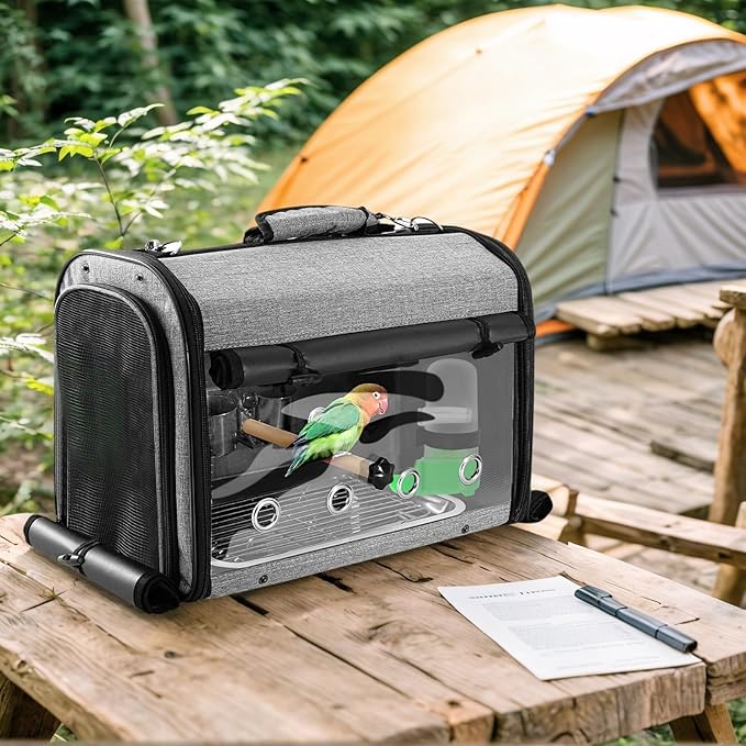 Sanmoncare Bird Carrier Bag Cockatiel Travel Cage with Stand, Lightweight Travel Carrier for Small Bird, Portable Parrot Travel Bag, Pet Transparent Travel Backpack