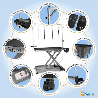 KANIS Professional Electric Dog Grooming Table - Heavy Duty, Height Adjustable Pet Grooming Table w/Leveling Wheels, Grooming Arm, Anti Slip Tabletop & Tool Organizer/Dog Grooming Station (49", Grey)