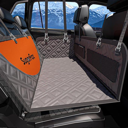 Dog Back Seat Extender & Car Seat Cover - Upgraded PU Leather, Hard Bottom Holds 400lbs, Waterproof Anti-Scratch Dog Hammock for Cars, SUVs, Trucks | Easy to Clean + Pets Safety Belt (GRAY-L)