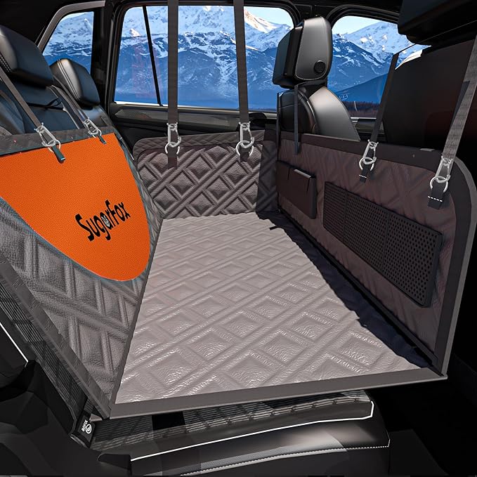 Dog Back Seat Extender & Car Seat Cover - Upgraded PU Leather, Hard Bottom Holds 400lbs, Waterproof Anti-Scratch Dog Hammock for Cars, SUVs, Trucks | Easy to Clean + Pets Safety Belt（GRAY-XL）
