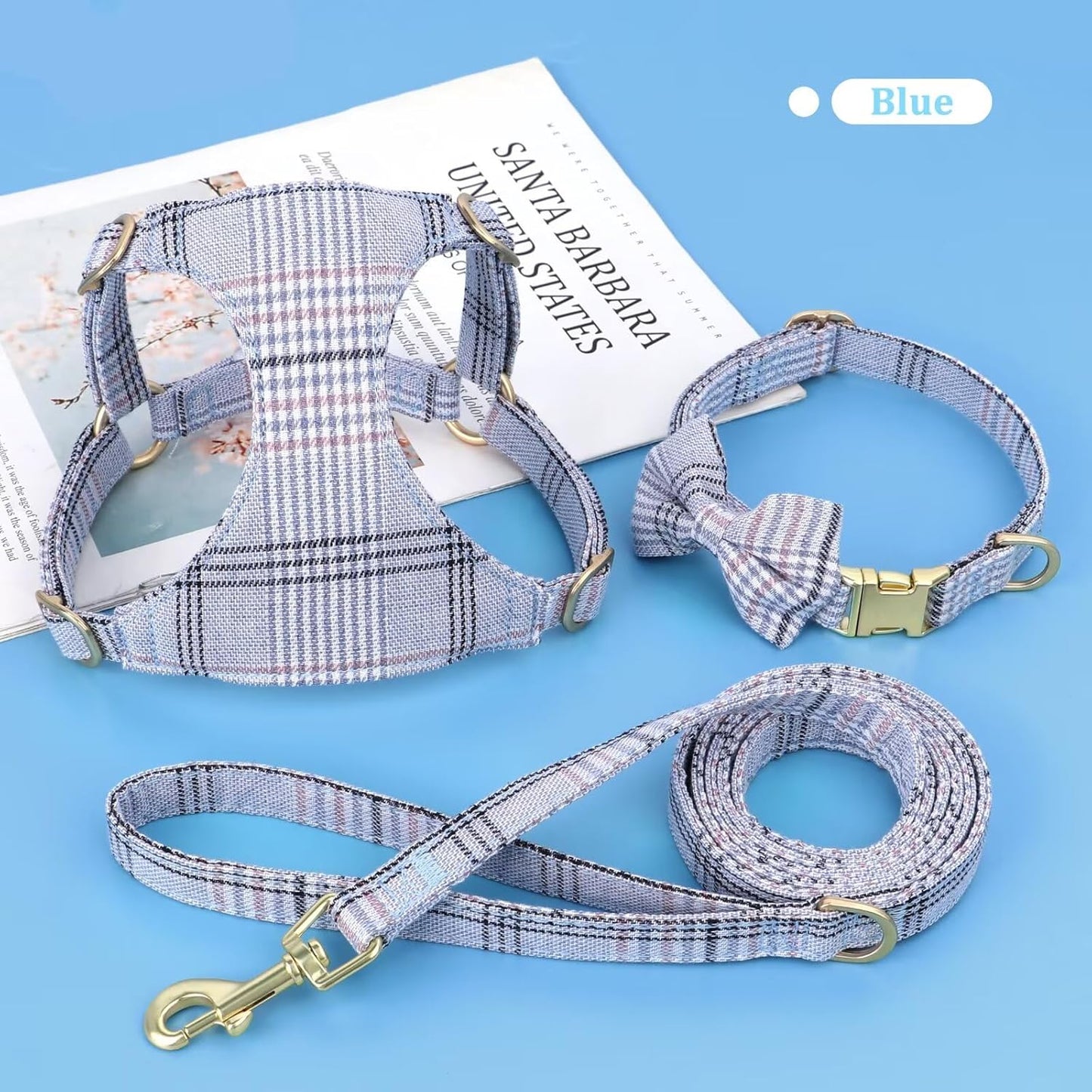 Beirui Cute Small Dog Harness Collar and Leash Set with Bowtie, Soft Adjustable Plaid Puppy Harness for Small Sized Dogs Cats Walks Parties and Photoshoots(Blue,S:Chest 17-23")