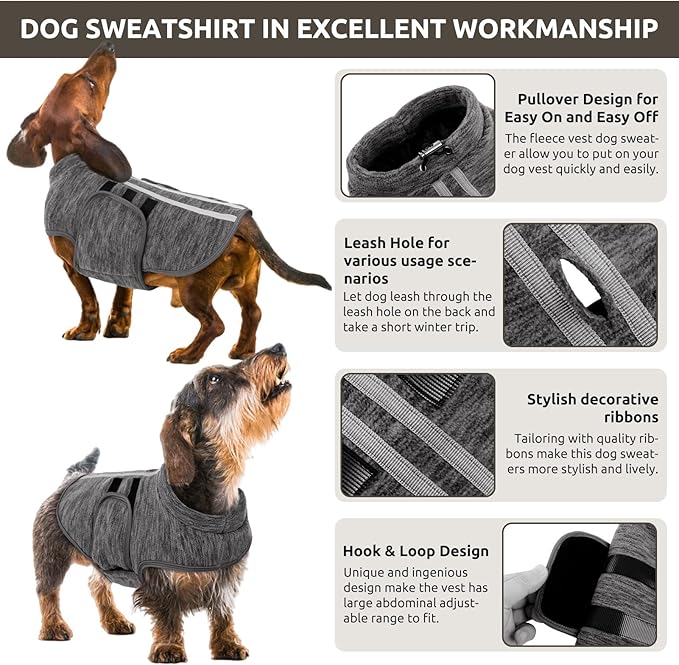 Queenmore XXL Dog Sweater, Soft Fleece Vest Pullover Dog Jacket with Leash Hole, Warm Winter Dogs Clothes Cold Weather Doggy Dachshund Sweaters for Large Dogs Cats Boy or Girl (Cationic Gray, XXL)
