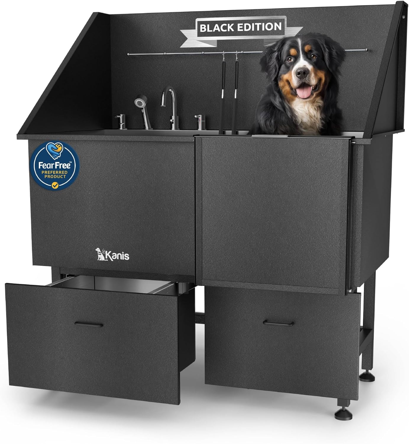 KANIS Black Line Professional Dog Washing Station - 304 Stainless Steel Pet Wash Sink & Grooming Bathtub w/Shower, Floor Grates and Storage for Large, Medium & Small Pets (50", 2 Drawers - Right Ramp)