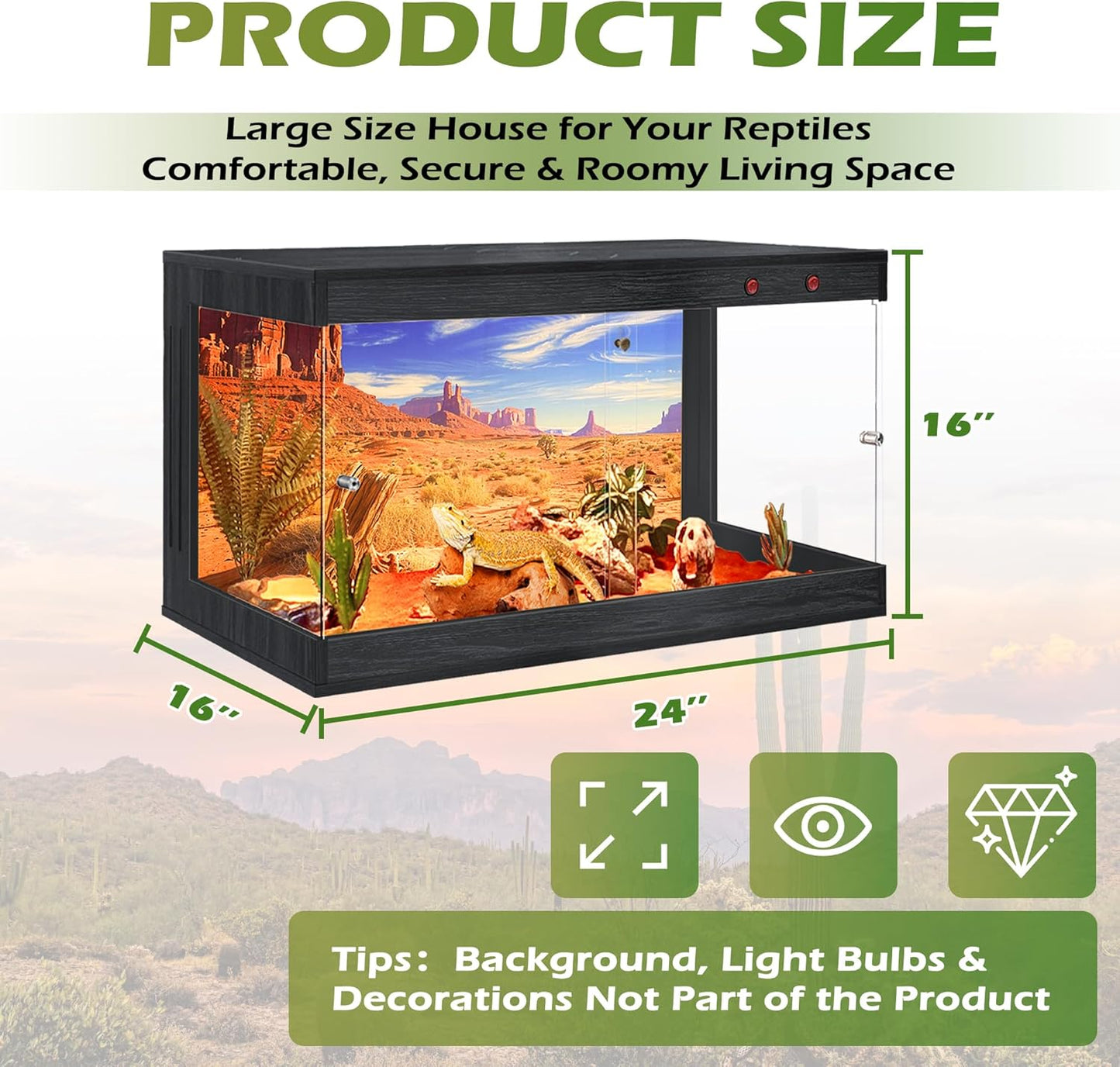 Royxen Tempered Glass Reptile Enclosure,Reptile Tank with Wooden Mesh Top and Lockable Design,26 Gallon Bearded Dragon Tank for Lizard Gecko Tortoise Snake Habitat,24" x 16" x 16",Black