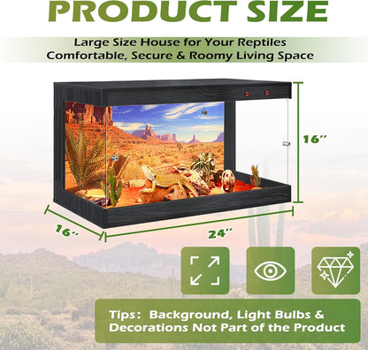 Royxen Tempered Glass Reptile Enclosure,Reptile Tank with Wooden Mesh Top and Lockable Design,26 Gallon Bearded Dragon Tank for Lizard Gecko Tortoise Snake Habitat,24" x 16" x 16",Black
