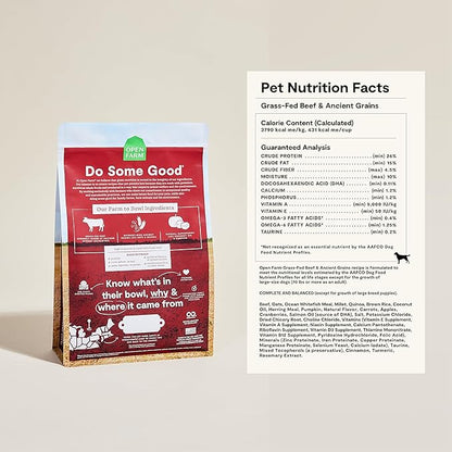 Open Farm, Ancient Grains Dry Dog Food, Protein-Rich & Nutrient Dense, 90% Animal Protein Mixed with Non-GMO Fruits, Veggies and Superfoods, Grass-Fed Beef Recipe, 22lb Bag