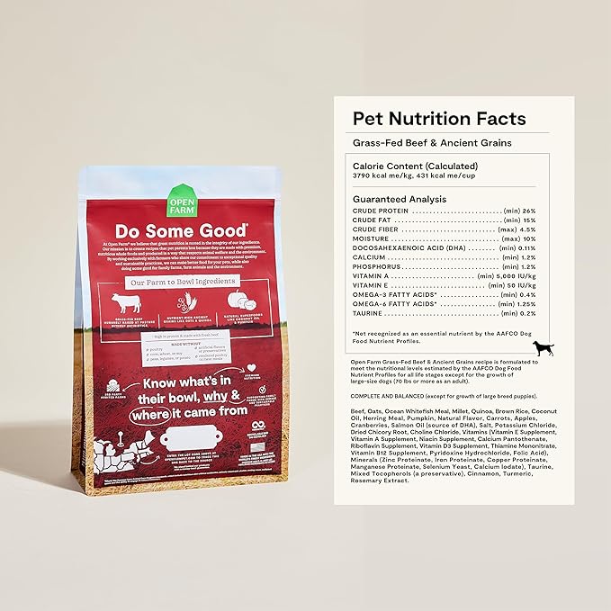Open Farm, Ancient Grains Dry Dog Food, Protein-Rich & Nutrient Dense, 90% Animal Protein Mixed with Non-GMO Fruits, Veggies and Superfoods, Grass-Fed Beef Recipe, 11lb Bag
