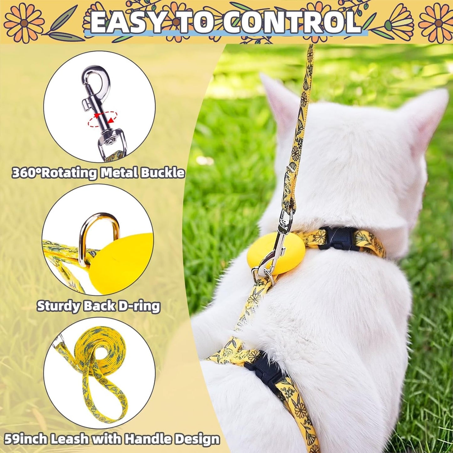 PUPTECK Adjustable Cat Harness and Leash Set Escape Proof Kitten Strap Collar for Walking Travel, Floral Pattern
