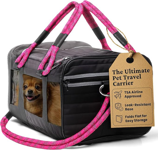| TSA Airline Approved |Soft Sided Pet Carrier | Cat Carrier | Dog Carrier| Pets Up to 15 lbs | Leash & Luggage Strap | Black with Pink Handle